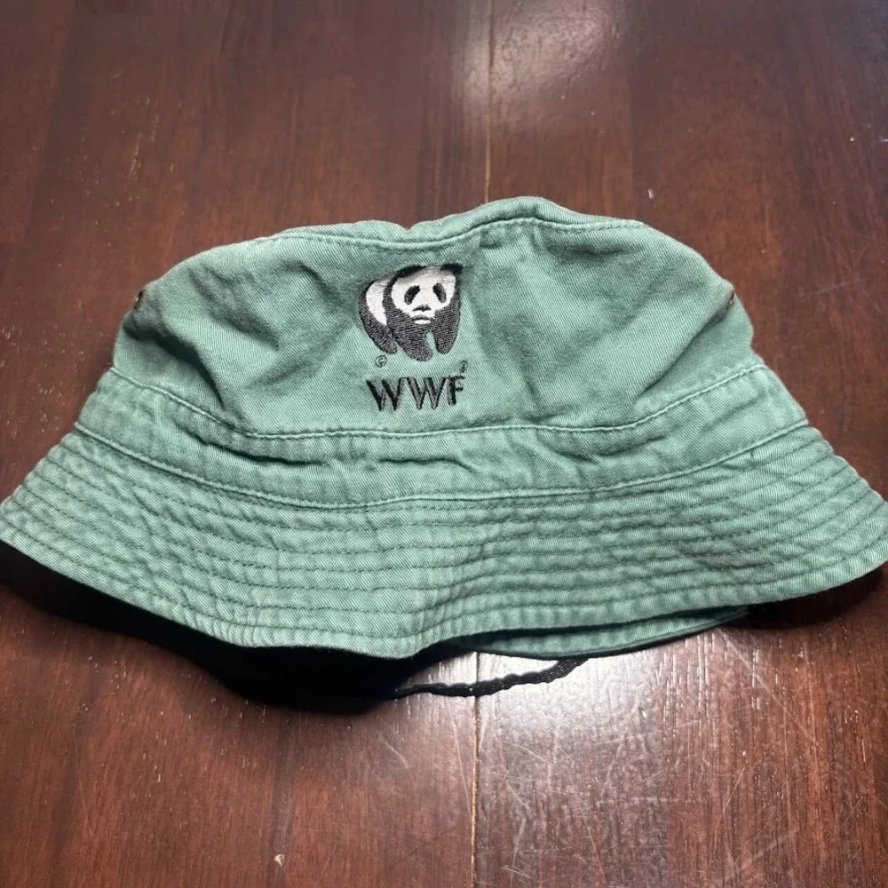 World Wildlife Fund WWF Panda Logo Bucket Hat Green Cotton Chin Strap Vintage